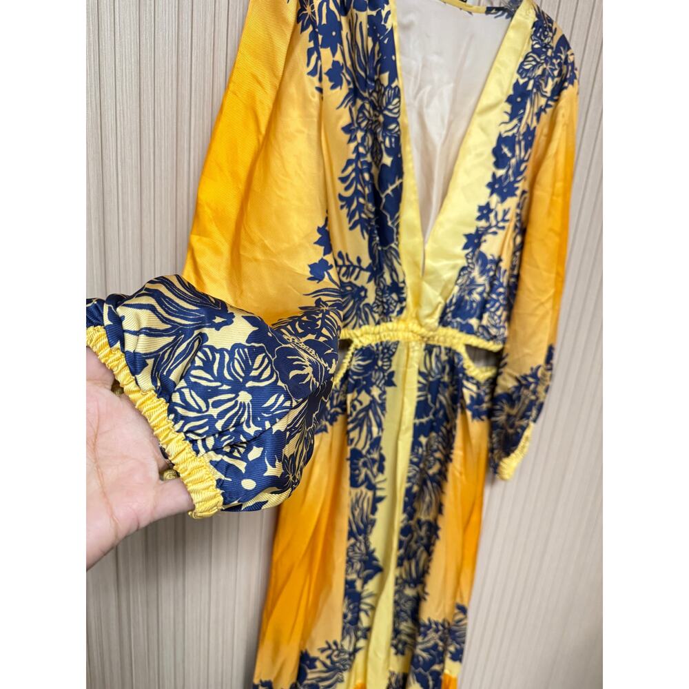 SANDRO PARIS Ocher Viscose Midi Dress In Yellow Blue Sz 40 / US8 MSRP $595 New - Picture 4 of 16